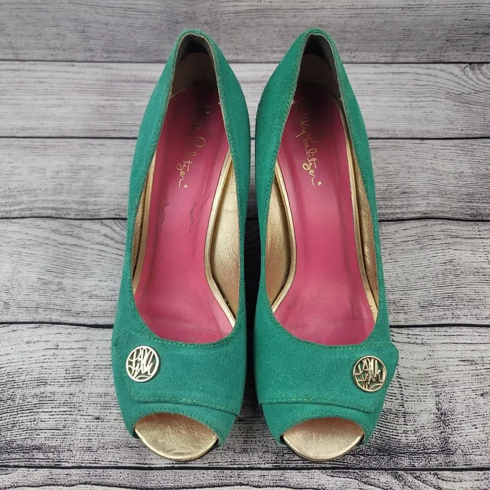 Lilly Pulitzer Resort Chic Jewel Green Suede Wedge Peep-toe Shoes Women's 6.5